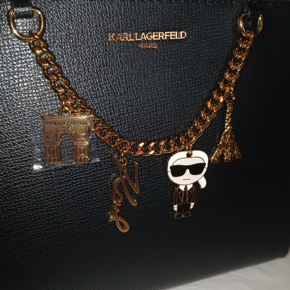 Karl Lagerfeld Maybelle Crossbody Satchel, Ikonik Paris Charms, Black, Gold - Picture 2 of 11